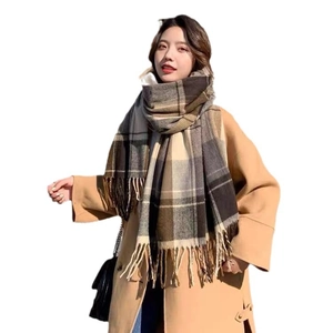 Women winter warm plaid scarf, thick imitation cashmere shawl, classic grid design for daily wear.