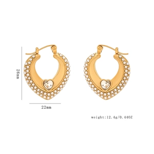 Elegant gold heart earrings with white pearls and crystal, size 26mm by 22mm dimensions