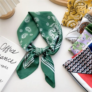Elegant 70cm green paisley silk square scarf tied in a stylish knot for women