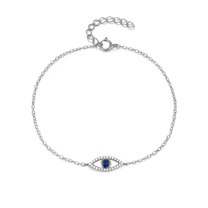 Elegant 925 sterling silver evil eye bracelet with blue zircon and white diamonds