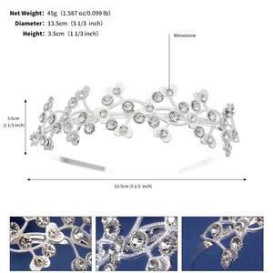 Detailed views of silver rhinestone crown showing 45g weight and 13.5cm diameter specs