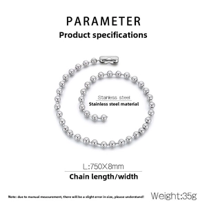 Technical specs for 750x8mm stainless steel ball chain necklace with metal connector