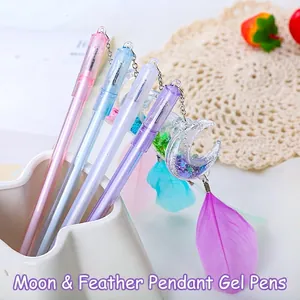 Gel Pen With Moon Sequin Quicksand Pendant And Colorful Feather Charm Plastic Decorative Writing Tool For School Stationery
