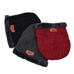 Winter knitted hat and neck warmer set with thick fleece lining in three colors