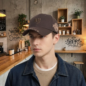 Classic dark brown baseball cap with gold NY embroidery and side retro badge
