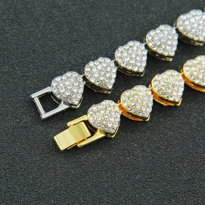 Hip hop style gold and silver heart-shaped Cuban link bracelets with sparkling crystals