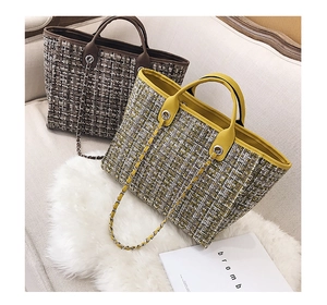 Detail of tweed bucket bags with check pattern, metal chain straps and large capacity