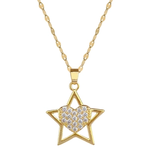 Luxurious gold stainless steel necklace with sparkling crystal heart and star pendant