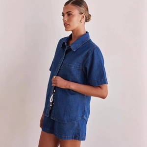 Women's vintage washed dark blue denim short sleeve shirt and shorts two-piece set