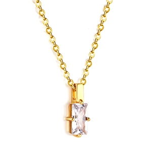 Elegant gold stainless steel necklace with a rectangular clear zircon pendant on a fine chain