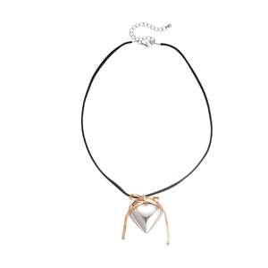 Chic heart pendant necklace with gold silk bow detail and black leather cord strap