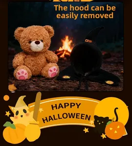 Detail of plush teddy bear with a removable pumpkin embroidery wizard cape and hat