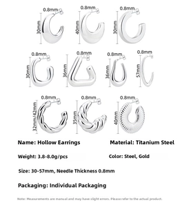 Detail specifications of geometric titanium steel earrings in silver and gold finishes