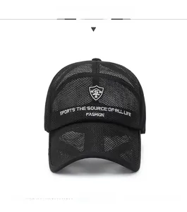 Close-up of breathable black mesh baseball cap with white sports embroidery detail
