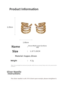Macro detail of layered zircon crisscross ear cuff with precise size dimensions