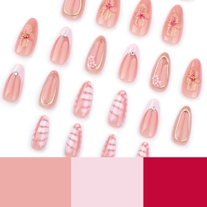 Pink French press-on nails with crocodile pattern, 3D flowers and glitter accents