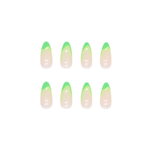 Neon green French tip almond press-on nails with nude pink base and glossy finish