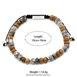Adjustable men's beaded bracelet featuring natural stones and a silver metal sliding clasp