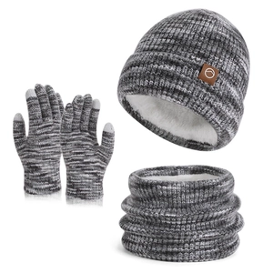 Winter 3-piece set with thermal fleece lining, knit hat, neck warmer, and touch gloves