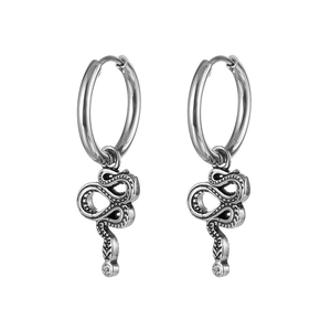 Detailed view of snake pendant earrings in vintage silver steel with lever back design