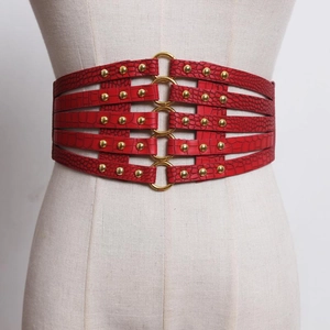 Red multi-layer wide waist belt with gold rings and rivets for women's dresses
