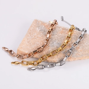 Three-color diagonal stripe stainless steel chain bracelets in rose gold, gold, and silver