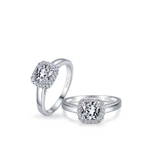 Minimalist S925 sterling silver ring with cushion cut halo cubic zirconia setting