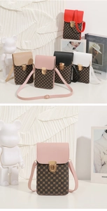 Detail of printed crossbody phone bags with geometric texture and metal flip lock closures