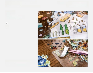 Detailed close-up of PVC oil painting stickers with tweezers lifting a dreamlike design