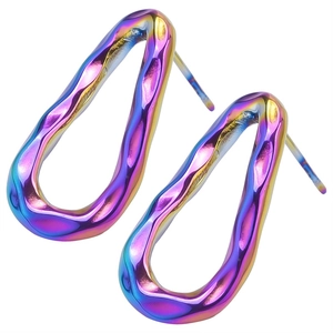 Detail view of 304 stainless steel irregular hollow earrings with rainbow plating