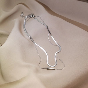 Detail of silver double-layered snake chain necklace with oval metal pendant and clasp