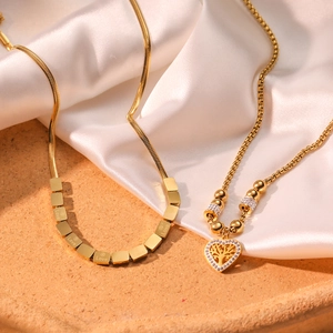 Titanium Steel Tree Of Life Heart Pendant Necklace Zircon Inlay Simple Love Engraved Square Bead Snake Chain For Women