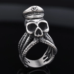 Anello teschio capitano polpo gotico in acciaio inossidabile con dettaglio ancora nautica
