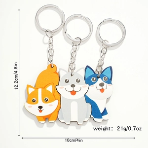 Detailed view of three cute cartoon dog keychains with precise size and weight dimensions