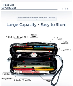 Detailed interior of leather clutch showing card slots, coin pocket and smartphone holder