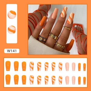 Long coffin orange wave press-on nails with plain colors and swirl patterns 24pc set
