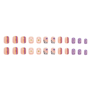 Set mit 24 bunten Kunstnägeln mit lila Streifen, Blumenmustern und Kuhflecken-Design