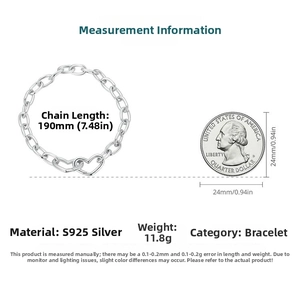 Size information for S925 silver link chain bracelet showing 190mm length and 11.8g weight