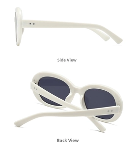 Detail view of oval cream sunglasses showing side rivets and back frame construction