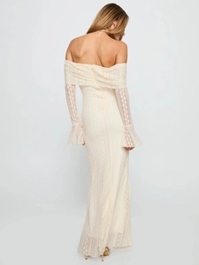 Off-white lace off-shoulder maxi dress with flare sleeves from a back view perspective