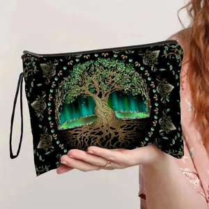 Trousse De Toilette Imprimé Arbre De Vie Pochette Maquillage En Lin Fin Avec Dragonne Fermeture Éclair Organisateur Pour Femmes
