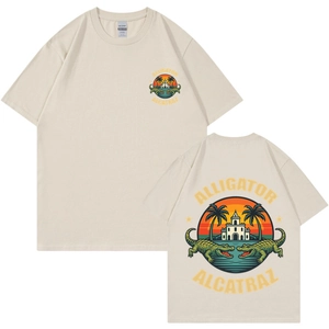 Unisex oversized apricot t-shirt featuring vintage Alligator Alcatraz graphic prints