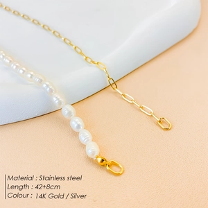 French style stainless steel paperclip chain necklace with elegant freshwater pearls