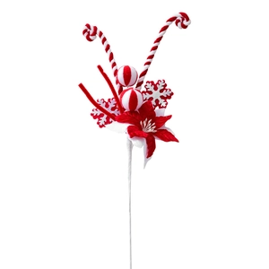 Christmas pick with red poinsettia, candy canes and snowflakes for tree decoration