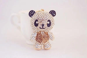 Close-up of panda keychain featuring sparkling rhinestones and golden metal hardware