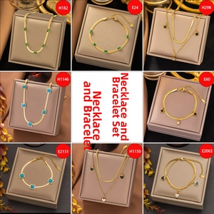 Detailed close-up of gold-plated necklace and bracelet sets with colorful gemstones