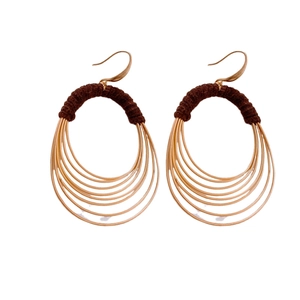Bohemian style multi-layer oval gold earrings with brown woven thread wrap detail