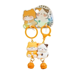 Cute resin shiba inu and cat couple keychain set with orange bells and matte rings