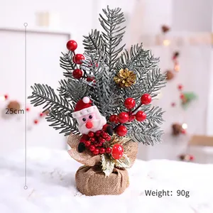Mini Christmas Tree Artificial Pine Desktop Decoration With Red Berries Pinecones Burlap Base Winter Holiday Ornament