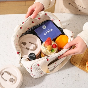 Borsa termica in velluto bianco con fragole e grande capacità per ufficio e picnic